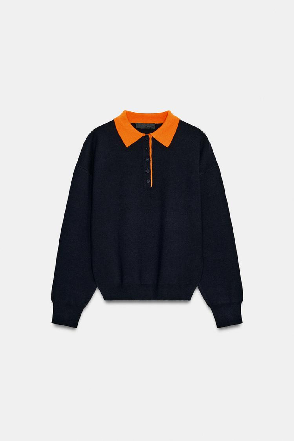 ZARA ВЯЗАНЫЙ ДЖЕМПЕР ПОЛО С КОНТРАСТНЫМ ВОРОТНИКОМ, СИНИЙ