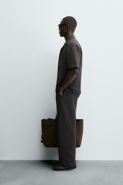 ZARA БРЮКИ ИЗ ЖАТОГО ХЛОПКА В ПОЛОСКУ COMFORT, КОРИЧНЕВО-СИНИЙ