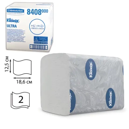 Бумага туалетная листовая KIMBERLY-CLARK Kleenex, КОМПЛЕКТ 36 шт., Ultra, 200 л., 18,6х12,5 см, 2-слойная, артикул 8408