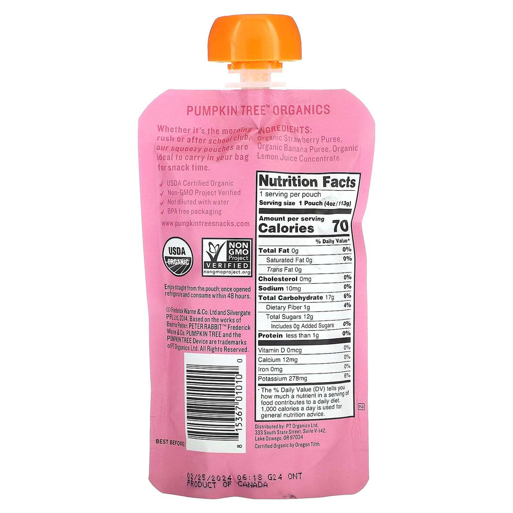 Pumpkin Tree Organics, Peter Rabbit Organics, органическое фруктовое пюре, клубника и банан, 113 г (4 унции)