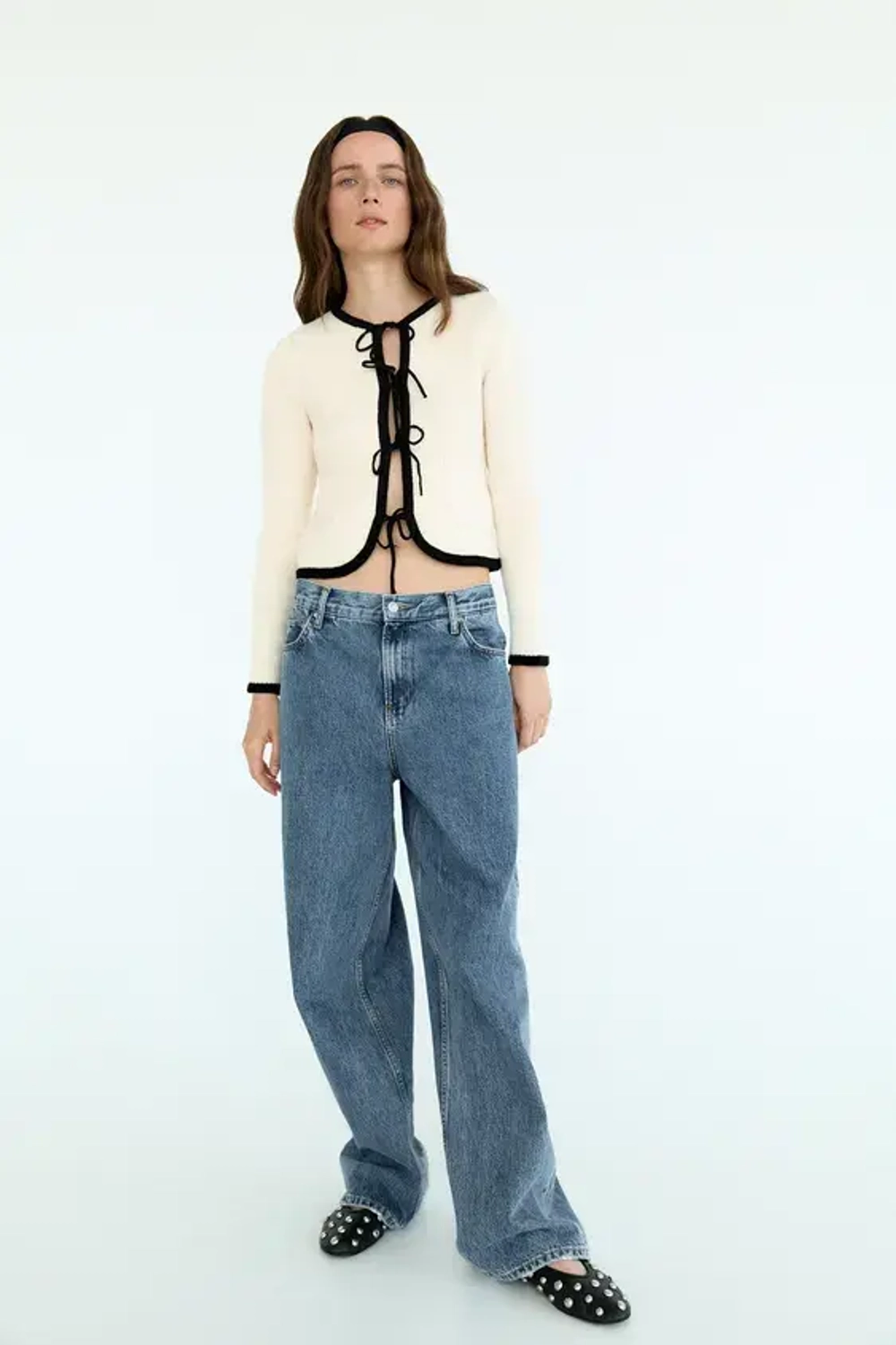 ZARA КАРДИГАН С ЗАВЯЗКАМИ, ЭКРЮ/ЧЕРНЫЙ