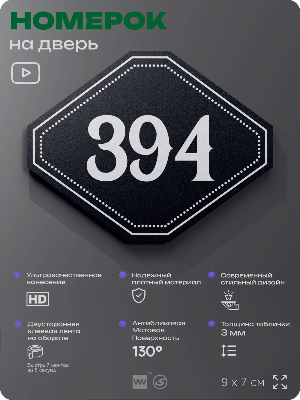 Номерок на дверь квартиры 394, для кабинета, офиса, шильдик 9 х 7 см, черный, Айдентика Технолоджи