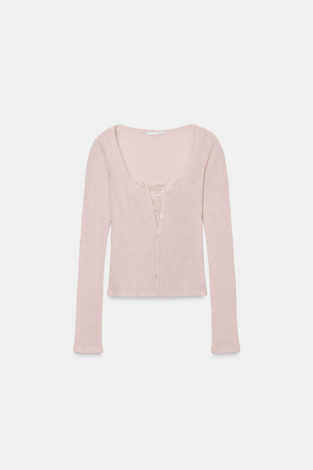 ZARA КАРДИГАН С КОНТРАСТНЫМ КРУЖЕВНЫМ ТОПОМ, РОЗОВЫЙ МЕЛАНЖ