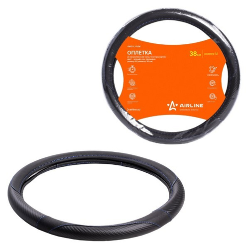 Оплетка руля M 37-38 см иск. кожа, текстура карбон, черная, син. прошивка (AIRLINE)