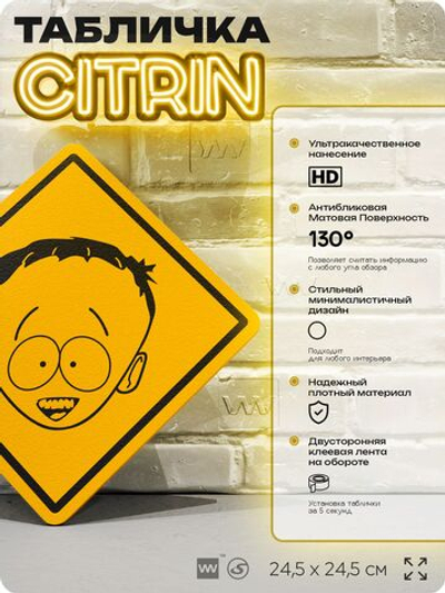 Табличка декоративная "Тимми Бёрч" из сериала Южный парк, South Park на дверь и стену, прикольная штука в подарок фанату, декоративный знак, 24,5х24,5 см, серия CITRIN / ЦИТРИН, Айдентика Технолоджи
