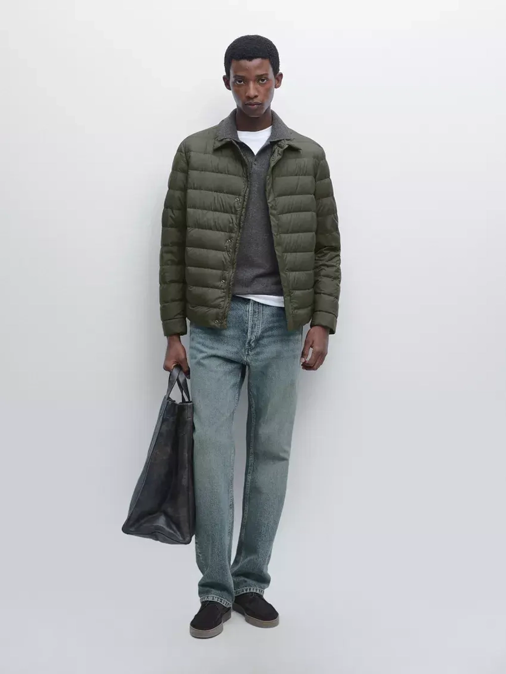 Massimo Dutti Непромокаемая легкая парка из смесового пуха, темный хаки