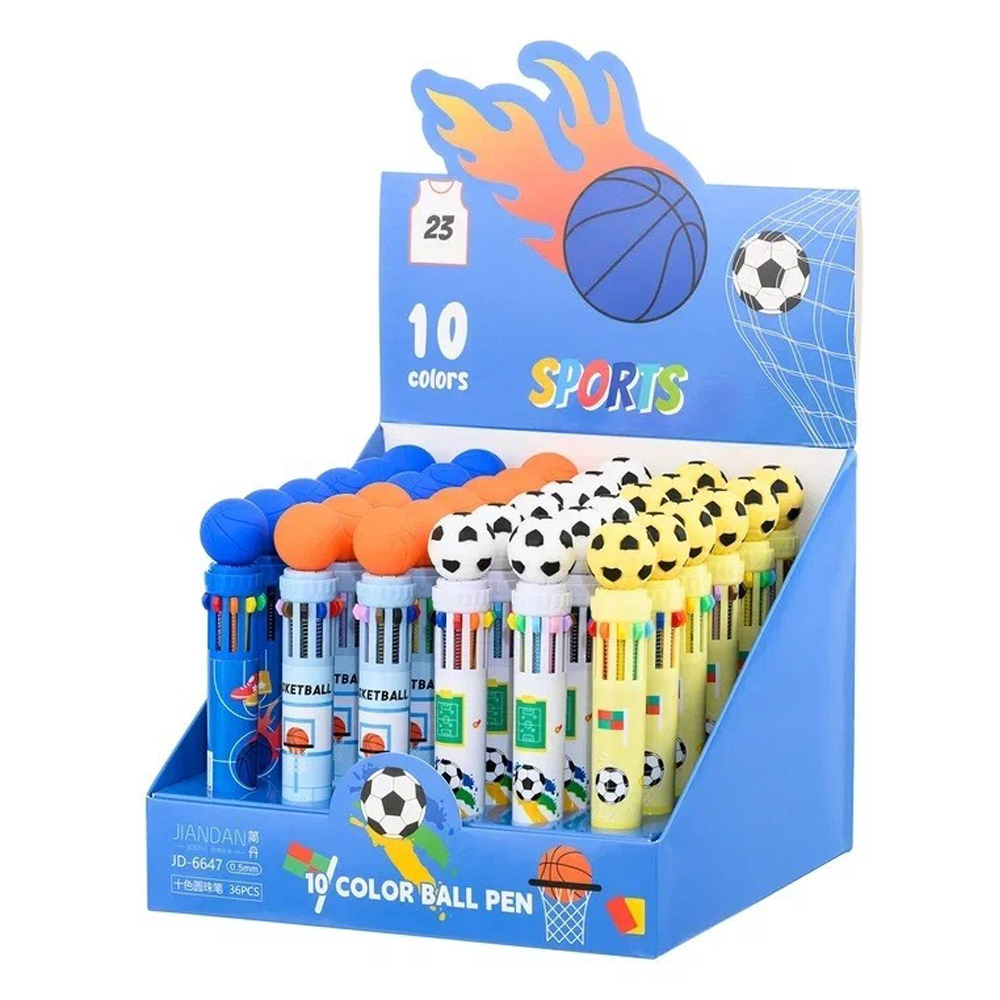 Ручка шариковая, автоматическая, 10в1, Jiandan, 10-ти цветная, серия "SPORTS ", с резиновой фигуркой, 36 шт