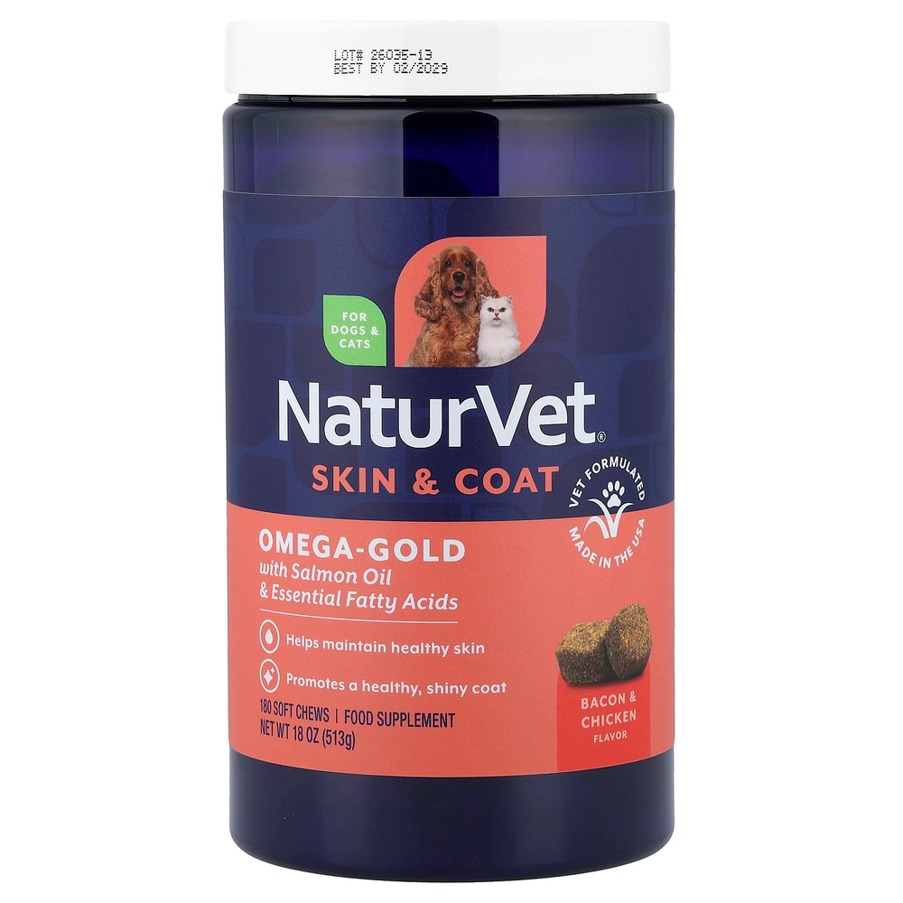 NaturVet, Omega-Gold незаменимые жирные кислоты и лососевый жир, для собак и кошек, 180 жевательных таблеток, 513 г (18 унций)
