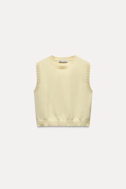 ZARA ОДНОТОННЫЙ ТРИКОТАЖНЫЙ ТОП БЕЗ РУКАВОВ, СВЕТЛО-ЖЕЛТЫЙ