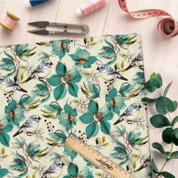 Ткань габардин бирюзовые цветы с птицами