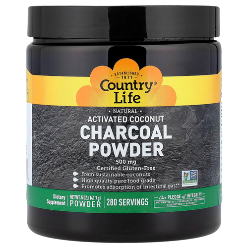 Country Life, Активированный кокосовый уголь в порошке, 500 мг, 141,7 г (5 унций)