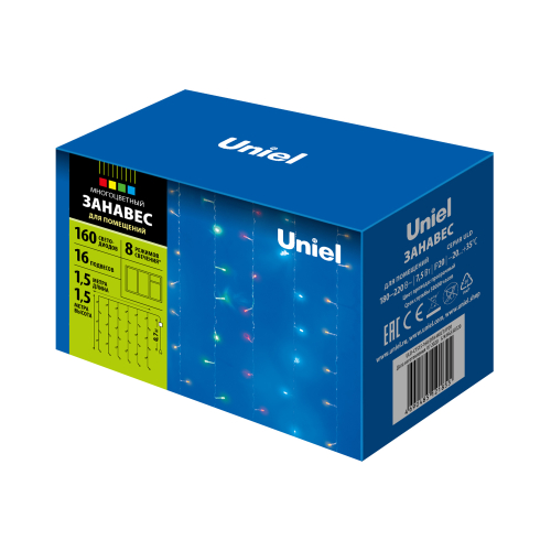ULD-C1515-160/DTA MULTI IP20  Занавес светодиодный с контроллером, 1,5х1,5м. 160 светодиодов. Разноцветный свет. Провод прозрачный. TM Uniel.