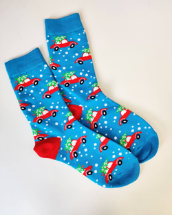 Носки НГ р. 35-40 "Crazy New Year" Машинка с Ёлкой
