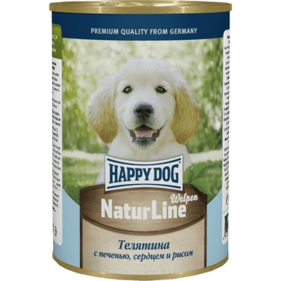 Happy Dog консервы для щенков с телятиной, печенью, сердцем и рисом в желе (банка) (Россия) Natur Line