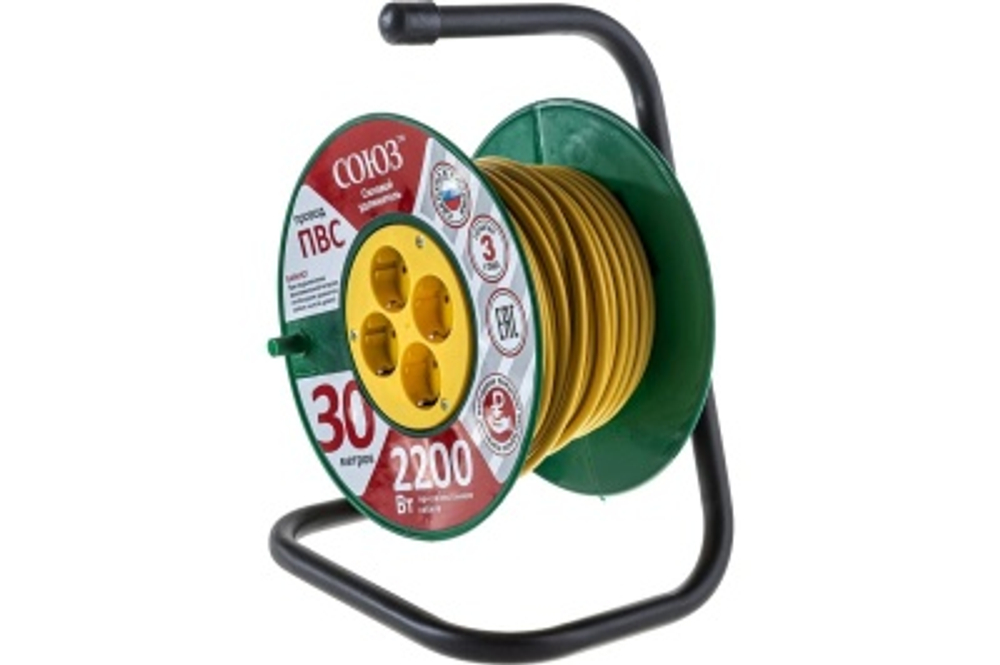 Удлинитель силовой на катушке 30м с/з 4 гнезда 2200Вт Союз