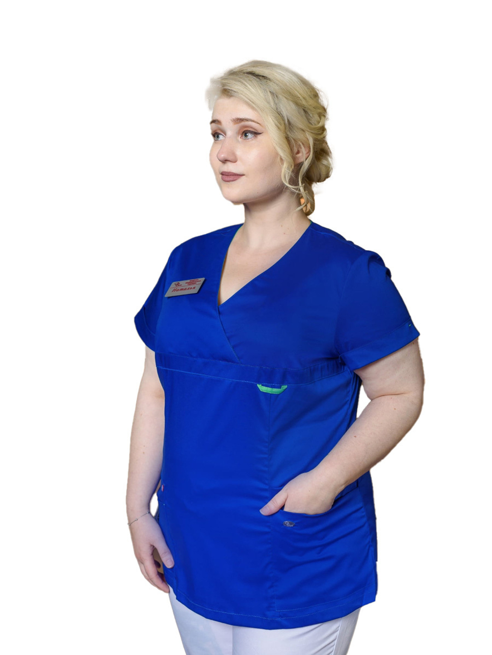 Блуза медицинская женская Доктор стиль ЛУ 1230 Aльфа , белый-зеленый, 40