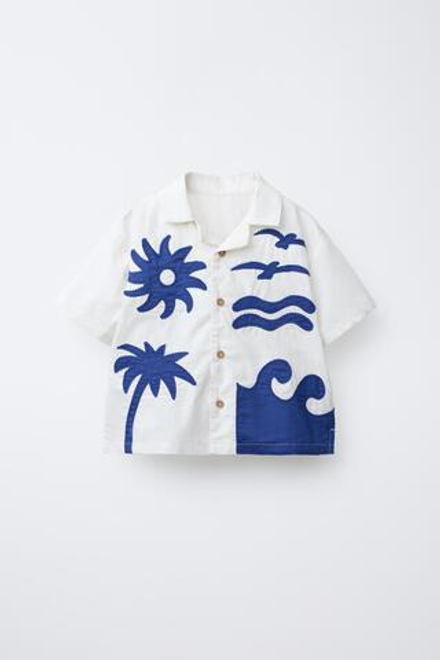 ZARA РУБАШКА С ВЫШИВКОЙ, СИНИЙ/БЕЛЫЙ