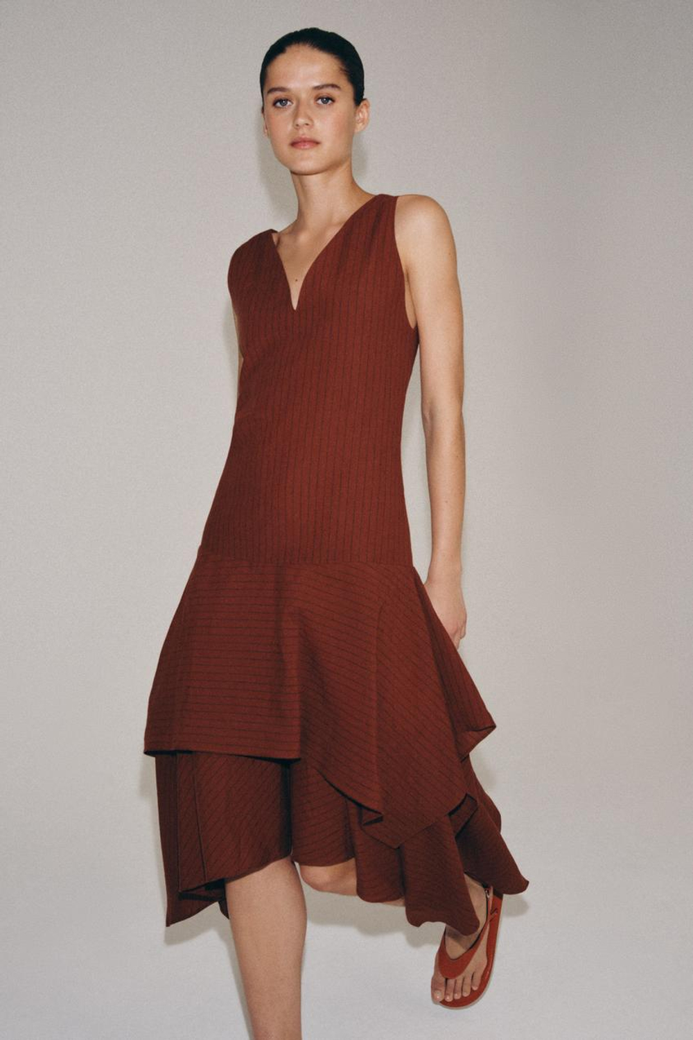 ZARA АСИММЕТРИЧНОЕ ПЛАТЬЕ В ПОЛОСКУ — ZW COLLECTION, ТЕМНЫЙ ЧЕРЕПИЧНЫЙ