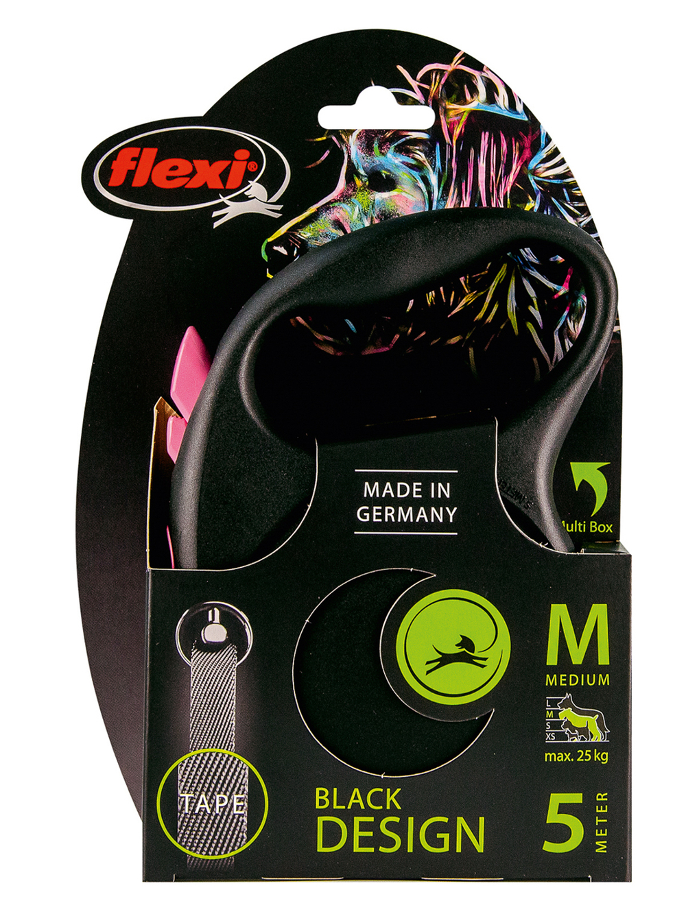 Поводок-рулетка Flexi Black Design M. Лента 5 м. для собак до 25 кг. Розовый