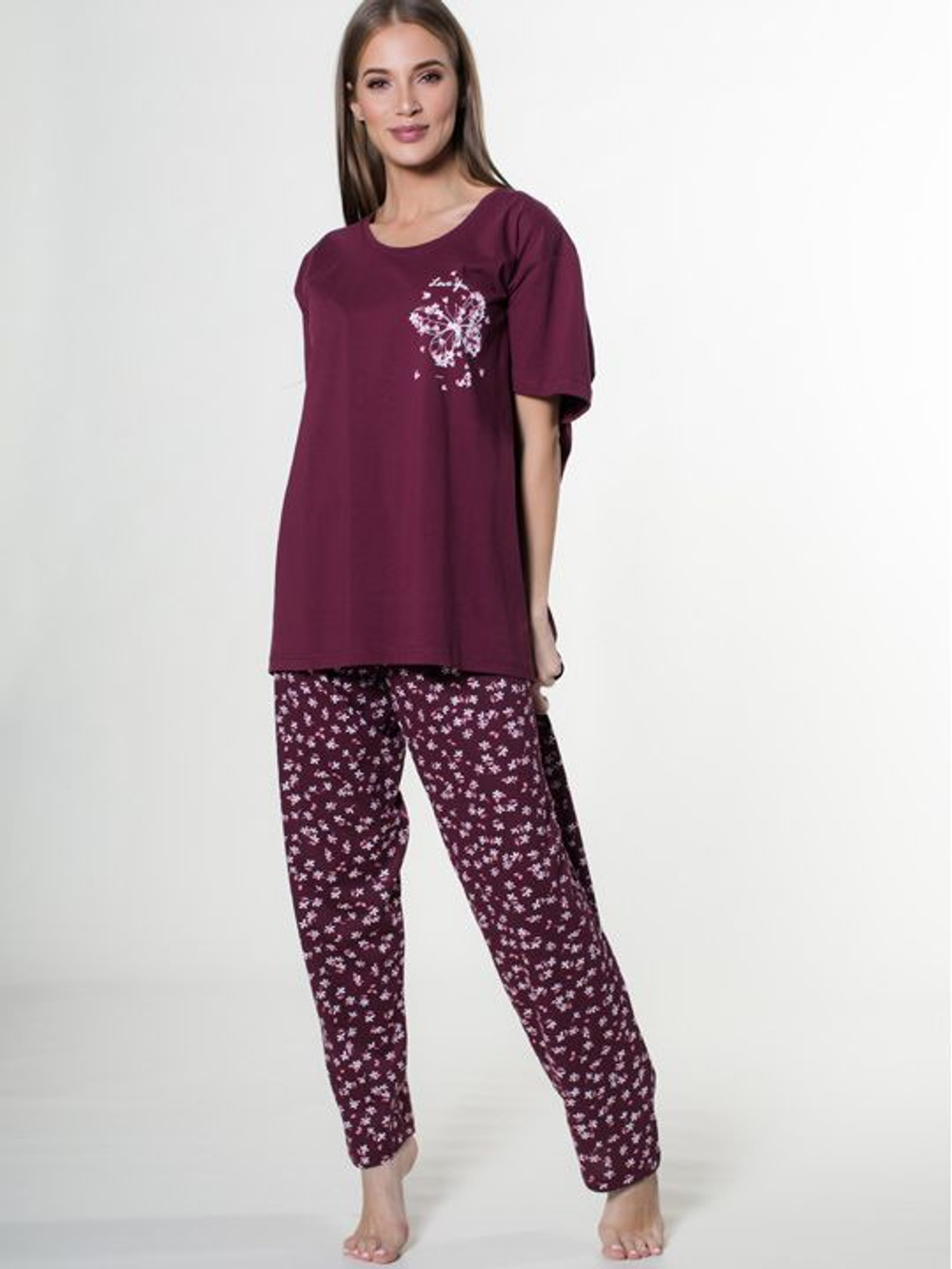 Свободный пижамный комплект с бабочками (Размер: 4X) (Цвет: темно-синий)