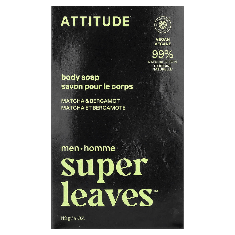 ATTITUDE, Super Leaves™, кусковое мыло для тела, для мужчин, матча и бергамот, 113 г (4 унции)