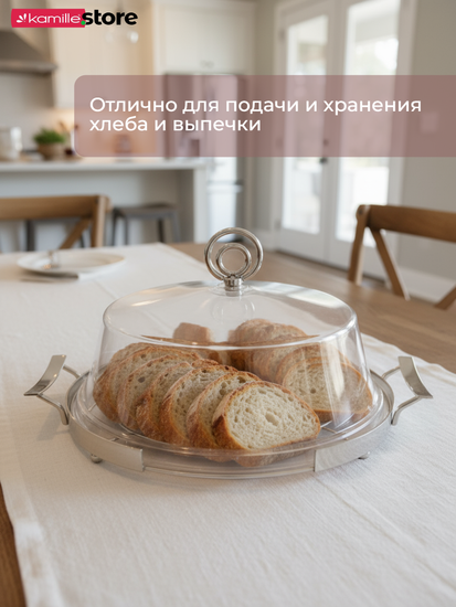 Круглое блюдо с крышкой для подачи и хранения хлеба и выпечки 30 см.