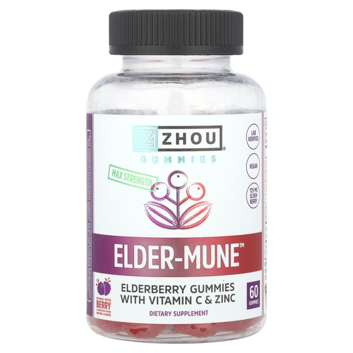 Zhou Nutrition, Elder-Mune ™, максимальная крепость, натуральное ягодное ассорти, 60 жевательных мармеладок