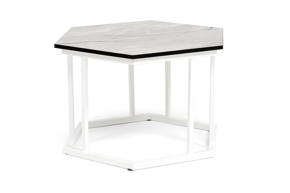 "Женева" интерьерный стол из HPL шестиугольный, D50, H35, цвет "мрамор пепел", каркас из стали белый муар