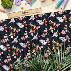 Ткань атлас цветущие цапли и белые грибы