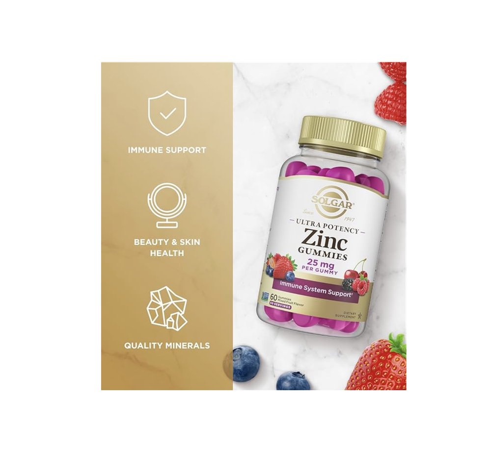 Solgar Zinc Gummies Витамин для взрослых с 25 мг сверхэффективного цитрата цинка для поддержки иммунитета — фруктовый вкус, веганские, кошерные и безглютеновые жевательные добавки для женщин и мужчин, 2 г сахара, 60 порций