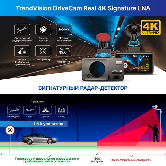 Видеорегистратор с радар-детектором - TrendVision DriveCam Real 4K Signature LNA