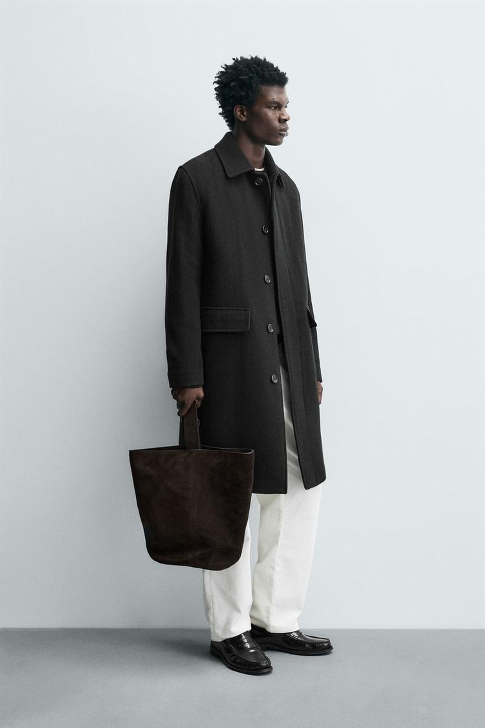 ZARA ПАЛЬТО ИЗ ШЕРСТИ С УЗОРОМ В ЕЛОЧКУ, ТЕМНЫЙ ХАКИ