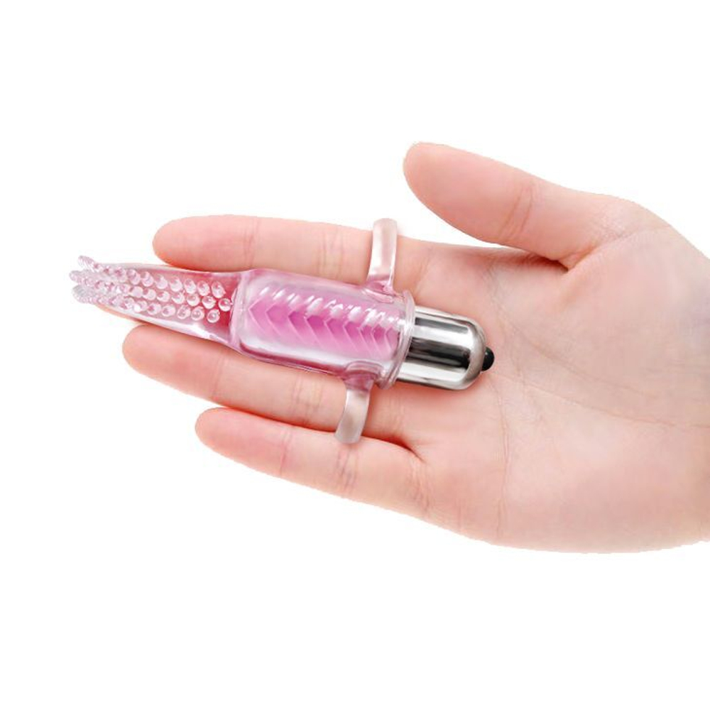 Розовый вибромассажер с щёточкой и петлями для пальцев Vibro Finger
