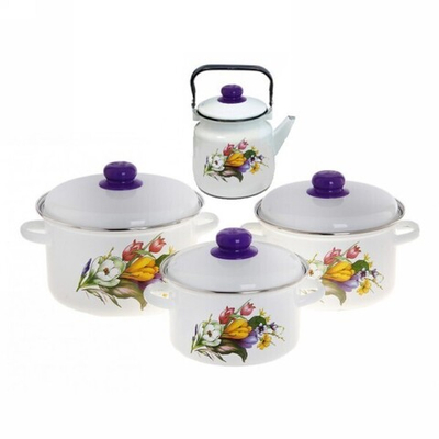 Набор эмалированной посуды 4 предмета, чайник 3,5л «Крокусы белый» (2л,3л,4л)