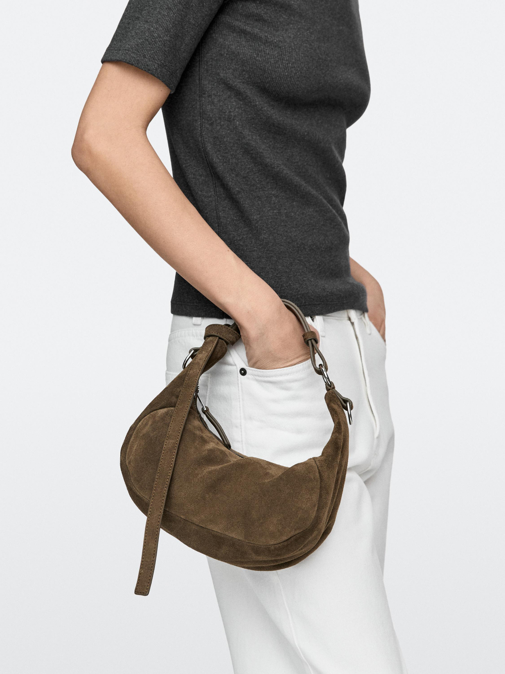 Massimo Dutti Сумка из натуральной кожи с металлической пряжкой, хаки