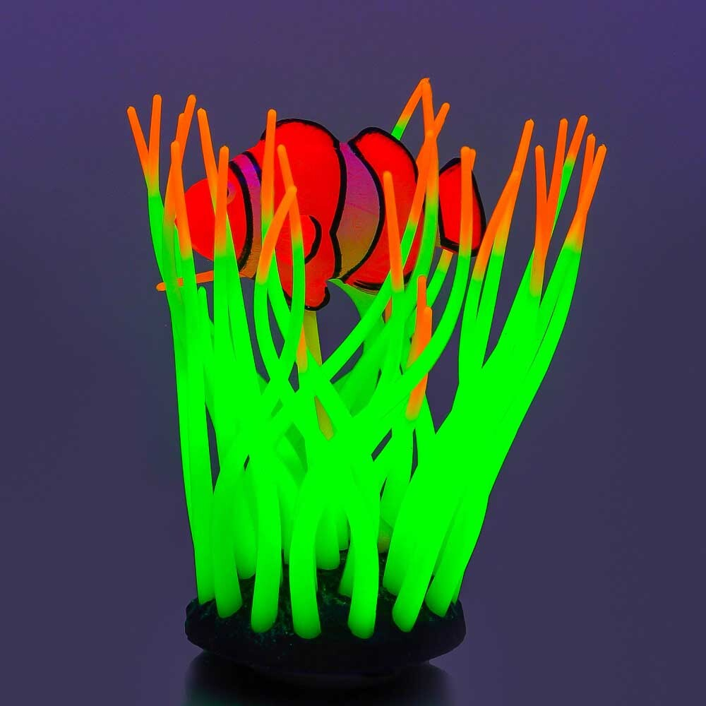 Gloxy декорация флуорисцентная "Рыба клоун в анемоне" желтая 11х8х12см