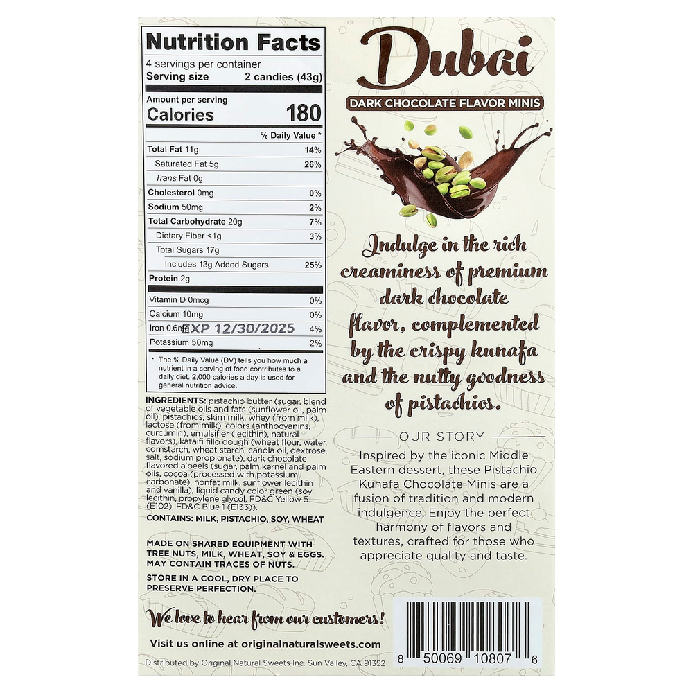 Original Natural Sweets, Дубай, мини-капсулы с темным шоколадом, 8 шт., 170 г (6 унций)