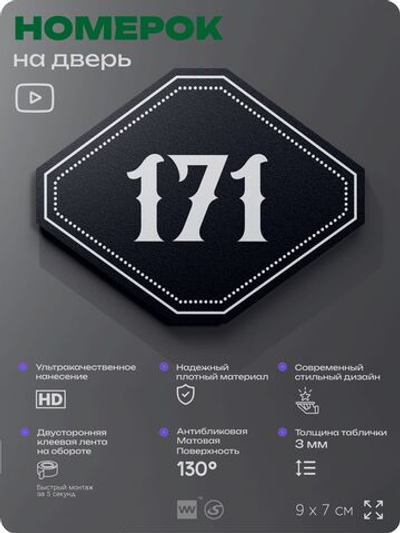 Номерок на дверь квартиры 171, для кабинета, офиса, шильдик 9 х 7 см, черный, Айдентика Технолоджи