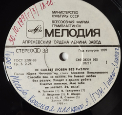 Винтажная виниловая пластинка LP Юрий Чичков, Михаил Пляцковский Не Бывает Любви Без Разлук (СССР 1989)
