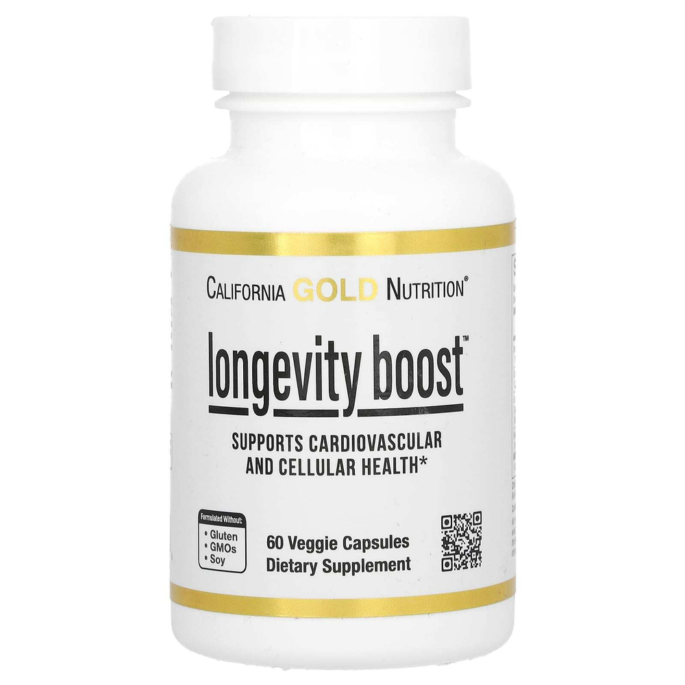 California Gold Nutrition, Longevity Boost с транс-ресвератролом, экстрактом листьев оливкового дерева, смесью экстрактов винограда и среднецепочечными триглицеридами, 60 растительных капсул