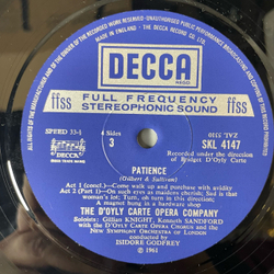 Винтажная виниловая пластинка LP Gilbert and Sullivan, The D'Oyly Carte Opera Company Опера Patience Терпение (With Complete Dialogue) (Англия 1961)