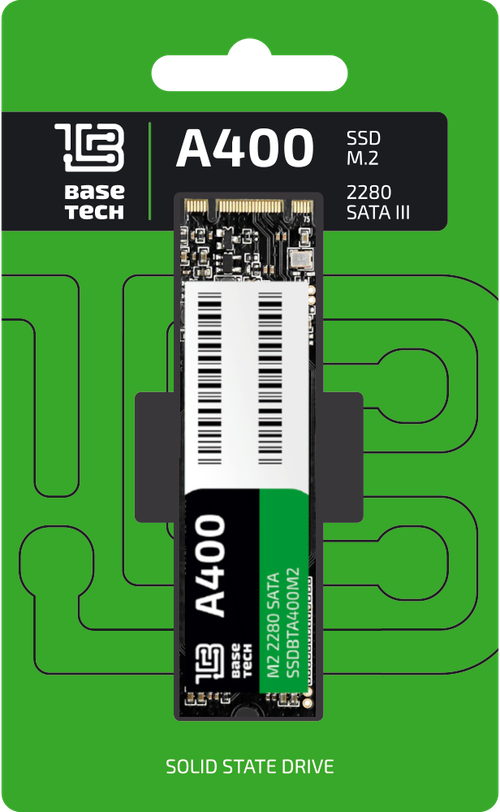 SSD BaseTech A400 128Гб, M.2 2280, SATA3, Retail, TLC, Чтение:520мб/с, Запись:450мб/с (SSDBTA400128GM2)