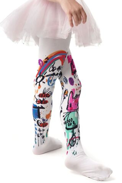 Белые колготки с принтом в виде детских рисунков (Размер: 116-138) (Цвет: белый)
