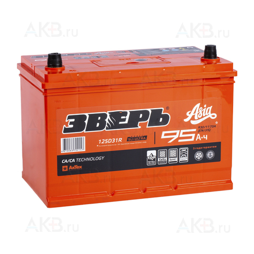 Аккумулятор 6СТ-95 А.ч., п.п., L+, ЗВЕРЬ ASIA