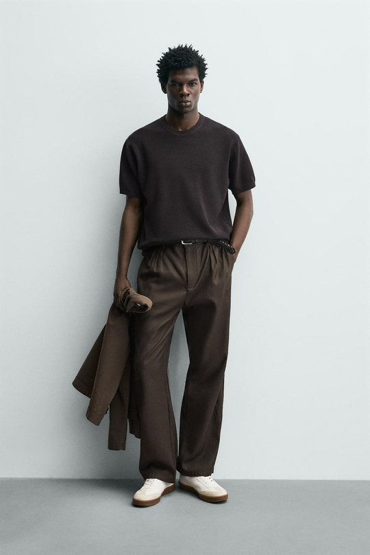 ZARA ФУТБОЛКА ПЛАТОЧНОЙ ВЯЗКИ, ШОКОЛАДНЫЙ