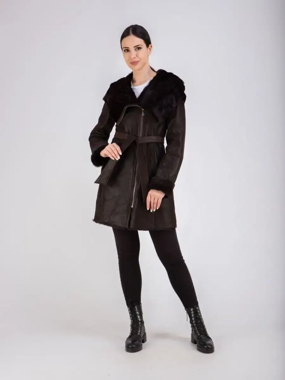 Дубленка женская натуральная длинная с капюшоном Турция