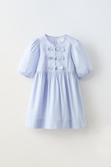 ZARA ПЛАТЬЕ ИЗ ПОПЛИНА С БАНТАМИ, ГОЛУБОЙ