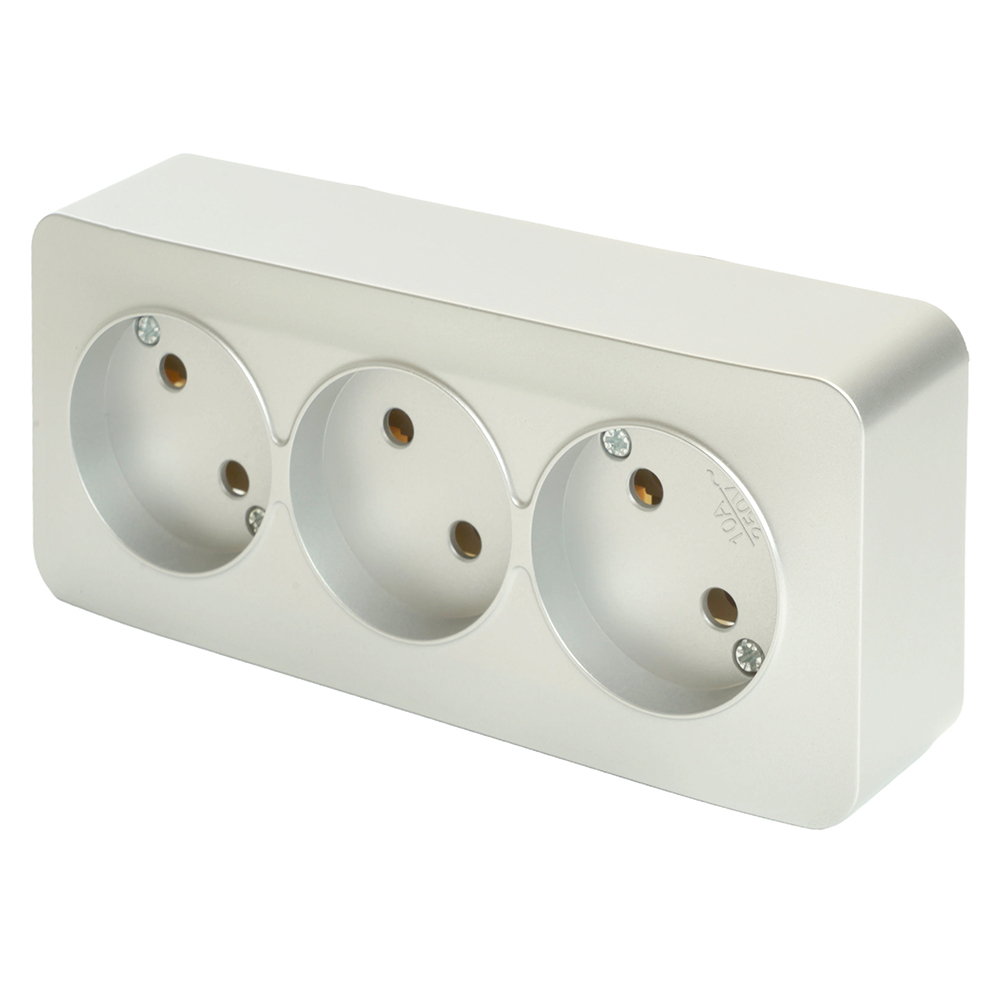 Розетка 3-местная б/з открытой установки, STEKKER, 250В, 10А, IP20, серия София, серебро, MST10-13-03 49329