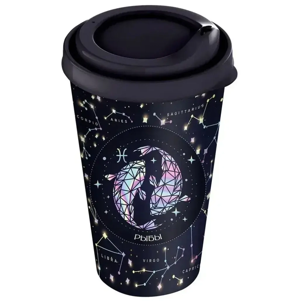 Стакан с крышкой 550мл с декором (синий) Знаки Зодиака