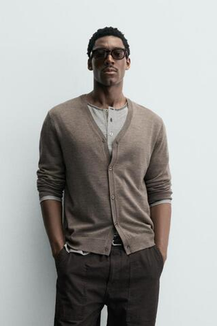 ZARA КАРДИГАН ИЗ 100% ШЕРСТИ, СЕРОВАТО-КОРИЧНЕВЫЙ